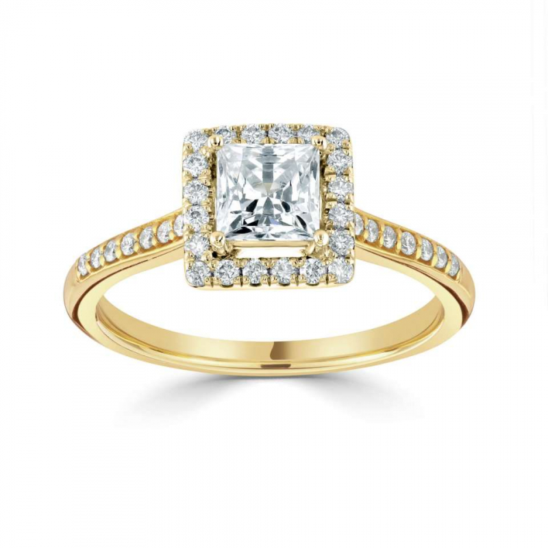 18ct Yellow Gold Diamond Princess Cut Halo Engagement Ring | Smooch Rings