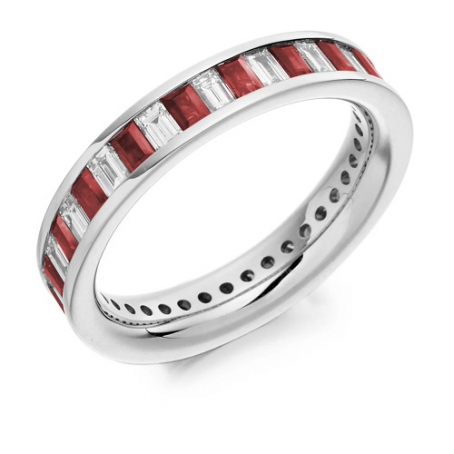 18ct White Gold Diamond and Ruby Fully Set Baguette Ring