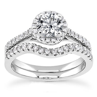 Platinum Diamond Set Curved Wedding and Engagement Ring Set