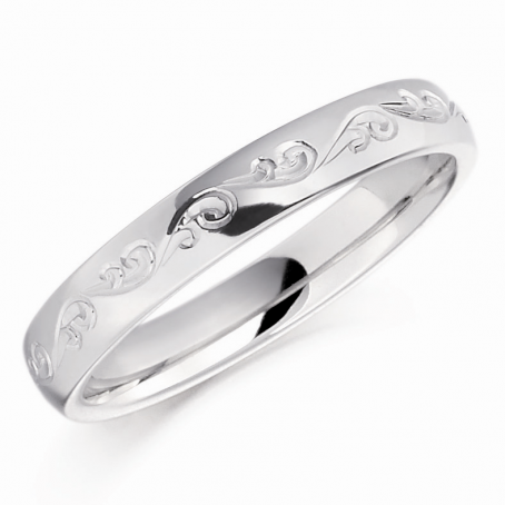 14ct White Gold Hand Engraved Wedding Ring