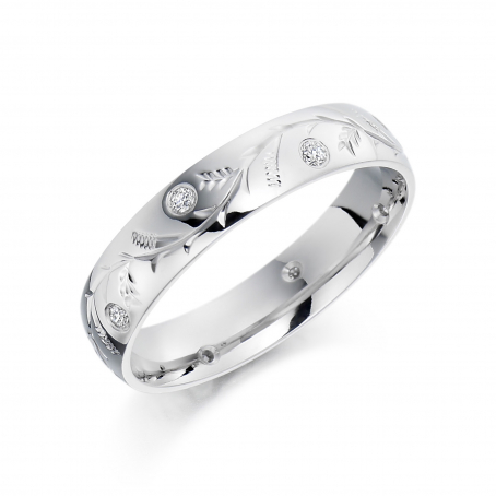 Platinum Diamond Set Engraved Wedding Ring