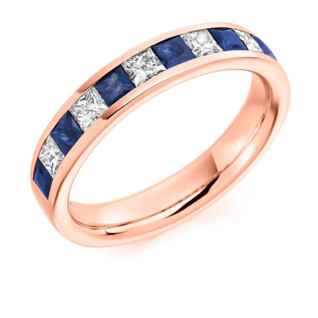 9ct Rose Gold Princess Cut Diamond and Blue Sapphire Wedding Ring
