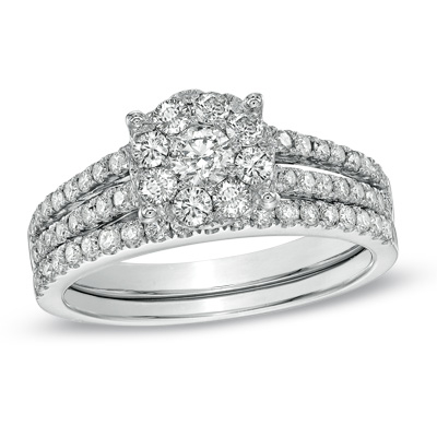 9ct White Gold Diamond Wedding and Engagement Ring Set